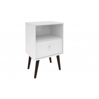 Manhattan Comfort 203AMC6 Liberty Mid Century - Modern Nightstand 1.0 with 1 Cubby Space and 1 Drawer in White  with Solid Wood Legs